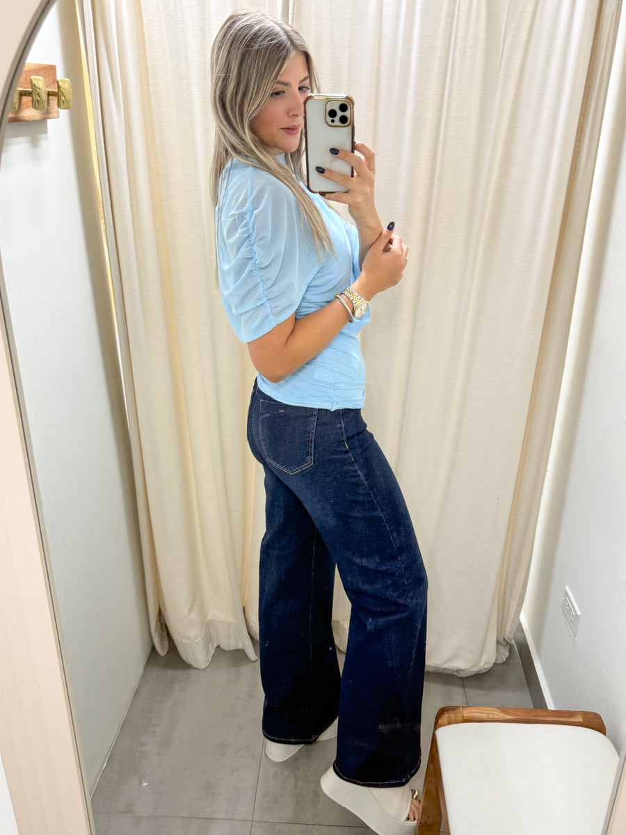 BLUE MESH RUCHED BLOUSE