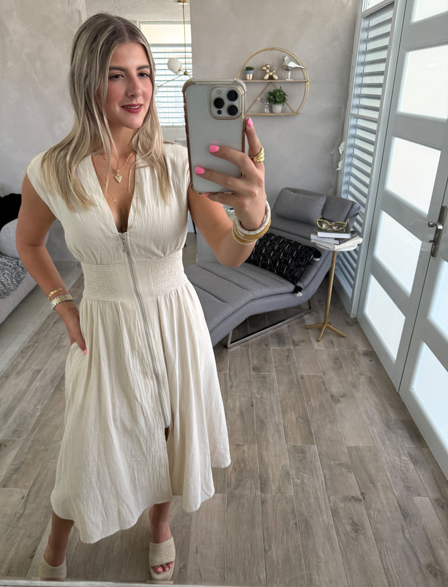 LINEN ZIPPER MIDI DRESS