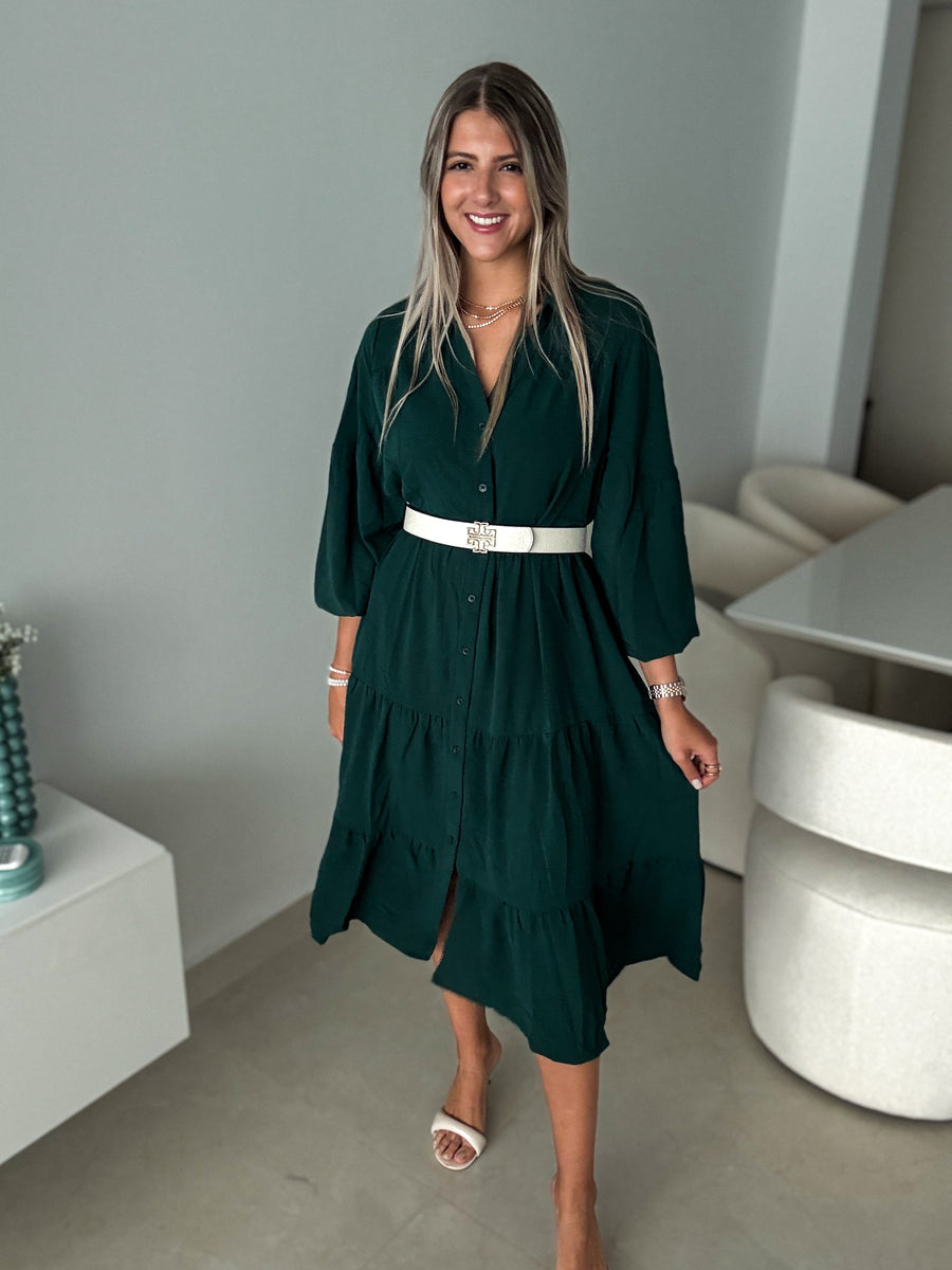 HUNTER GREEN LONG SLEEVE BUTTONED DRESS