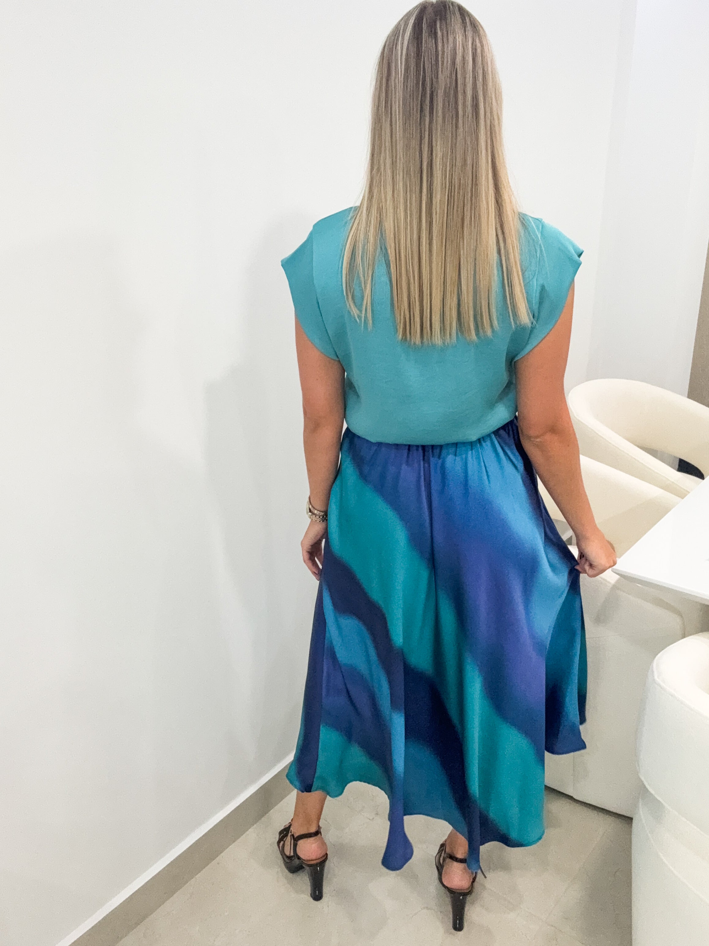 BLUE OMBRE SATIN MIDI SKIRT