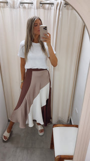 SILKY MOCHA PRINT MIDI SKIRT