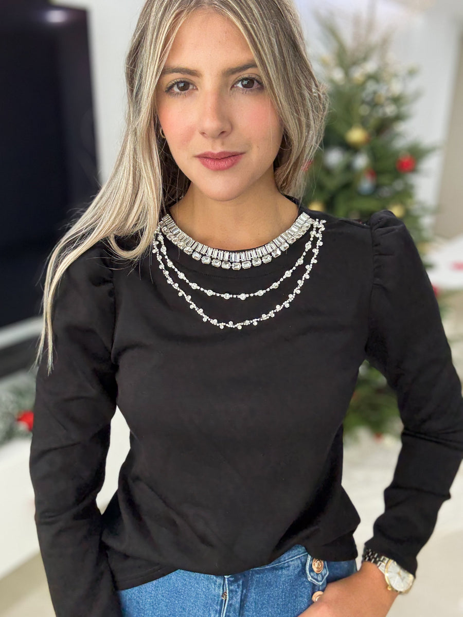 BLACK BEJEWELED NECK DETAIL LONG SLEEVE BLOUSE