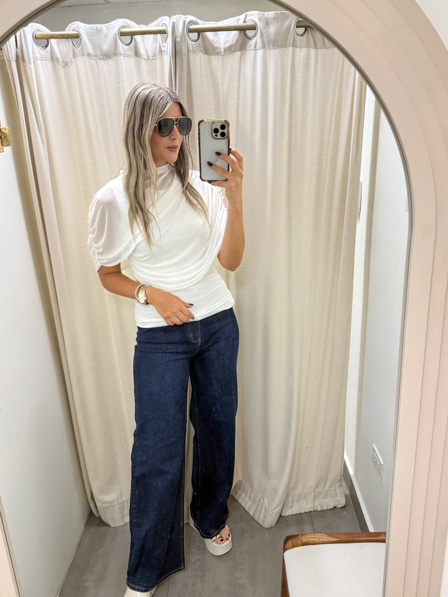 WHITE MESH RUCHED BLOUSE
