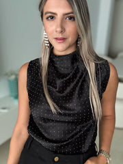 BLACK RHINESTONES SLEEVELESS BLOUSE