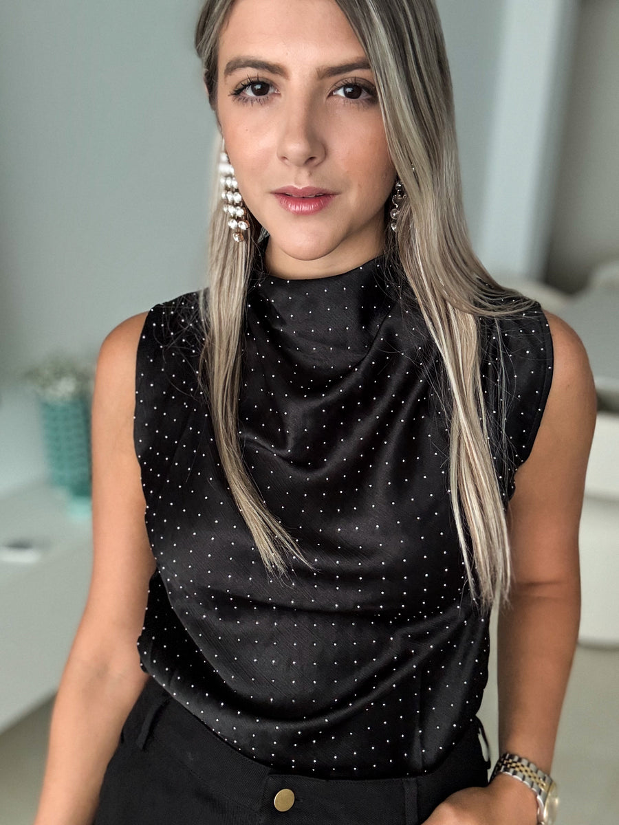 BLACK RHINESTONES SLEEVELESS BLOUSE