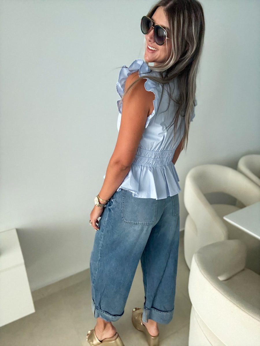 LIGHT BLUE RUFFLE PEPLUM BLOUSE