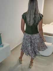 OLIVE PLEATED PRINTED DRESS