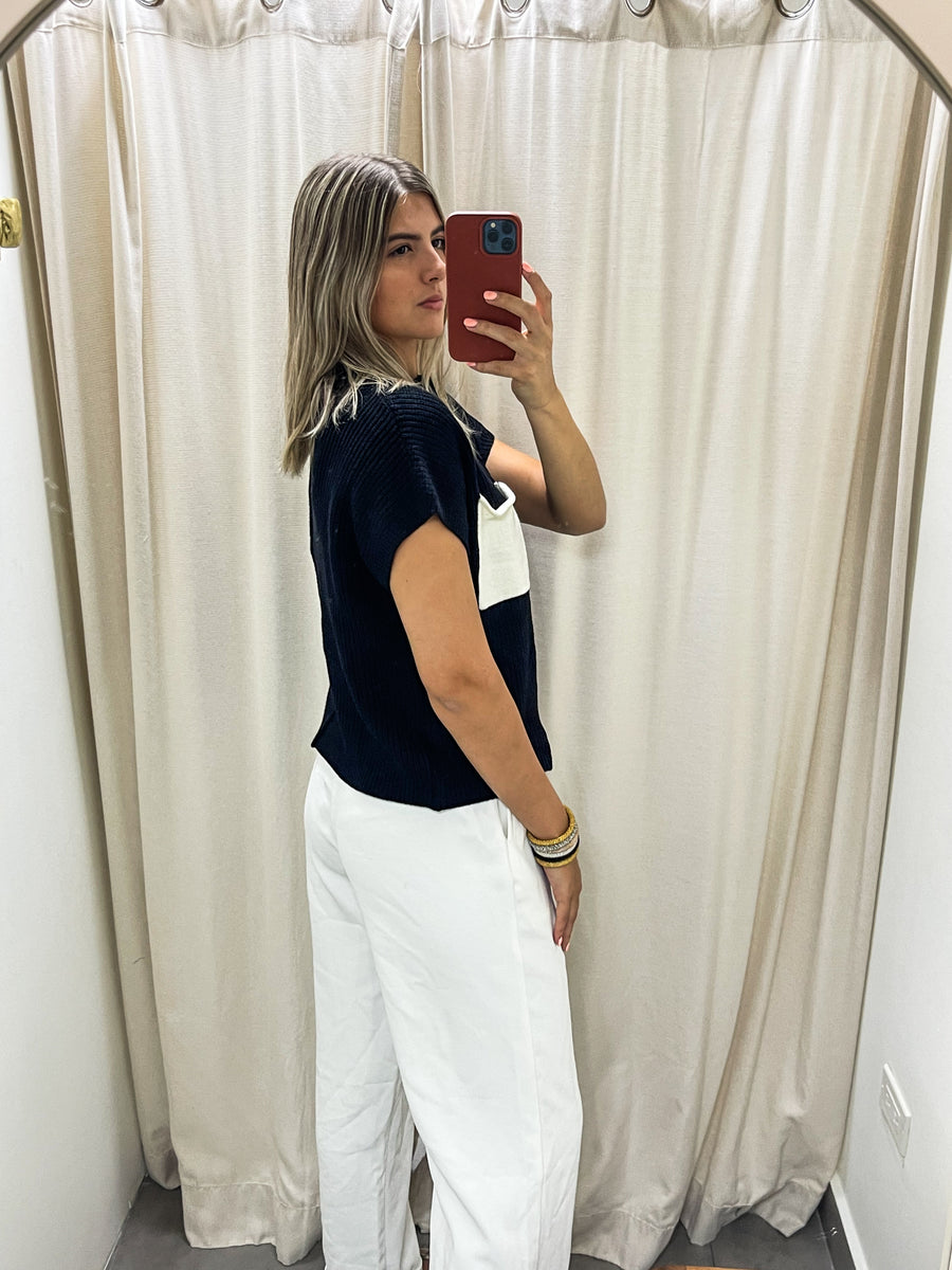 BLACK WHITE MOCK NECK KNITTED TOP