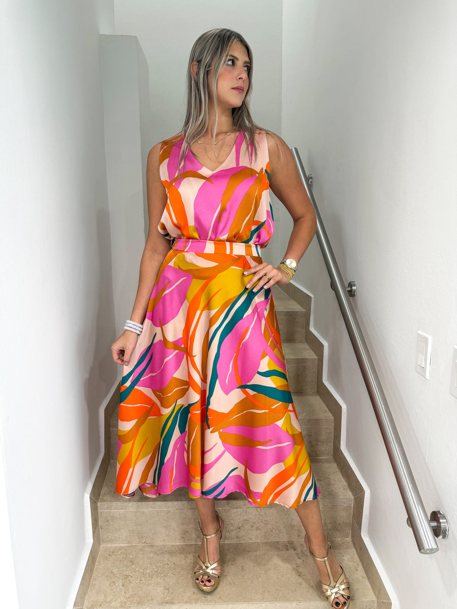 PRINTED V-NECK SILKY HIGH LOW BLOUSE