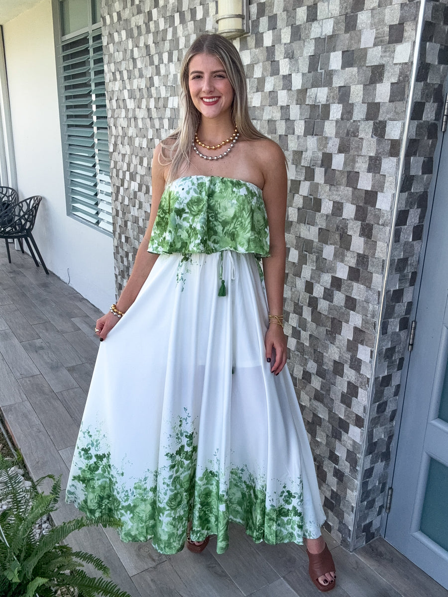 STRAPLESS GREEN/IVORY PRINTED MAXI DRESS