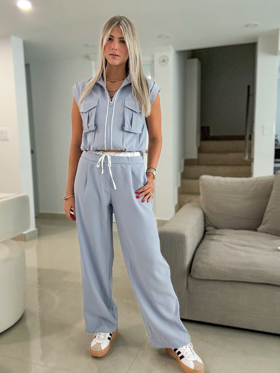 BLUE CONTRAST BAND WIDE LEG PANTS
