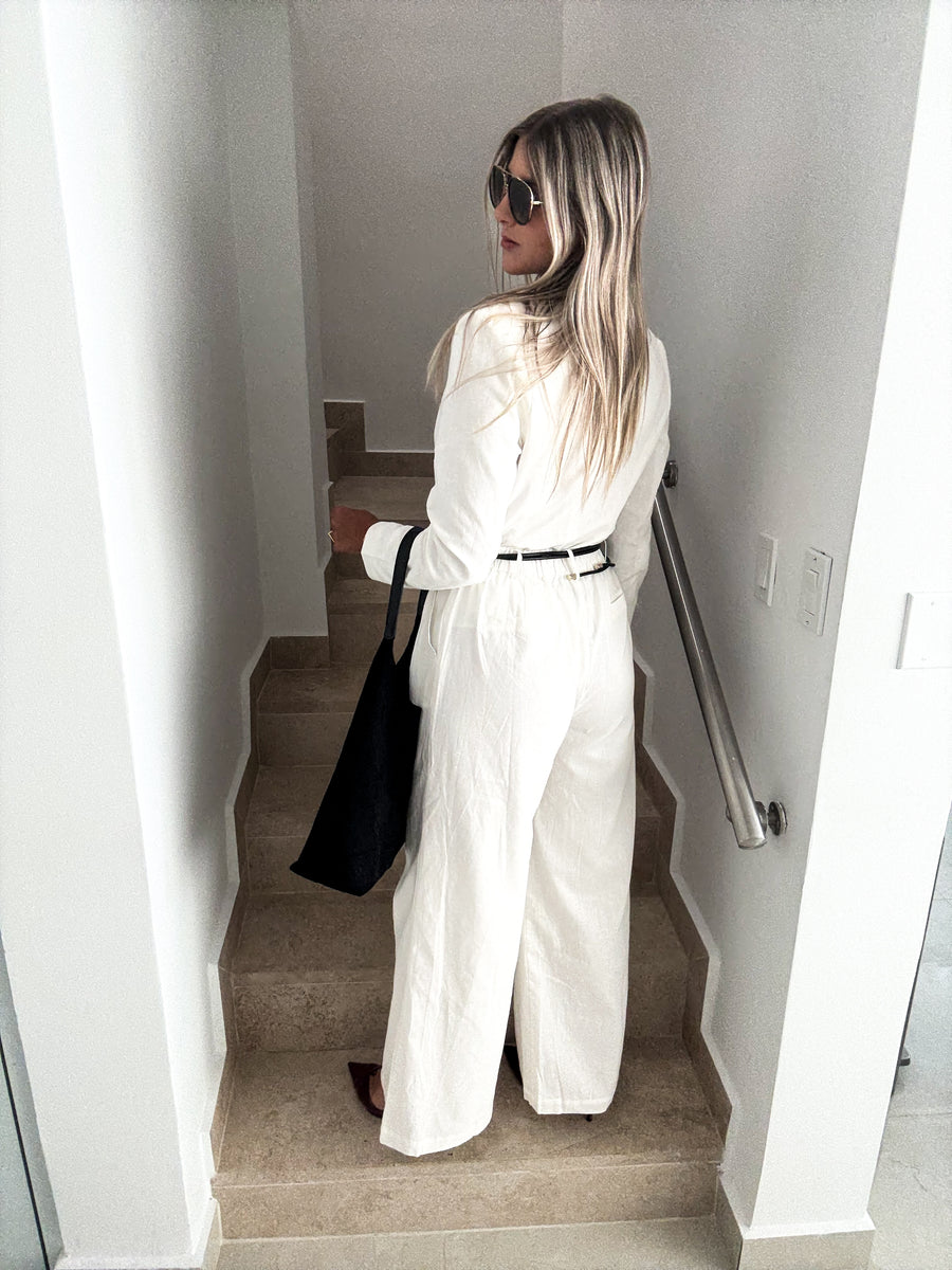 WHITE WIDE-LEG BELTEN TAILORED TROUSER PANTS