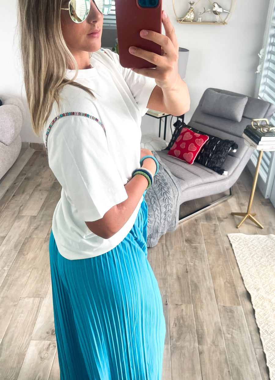 WHITE MULTICOLOR RHINESTONE TSHIRT
