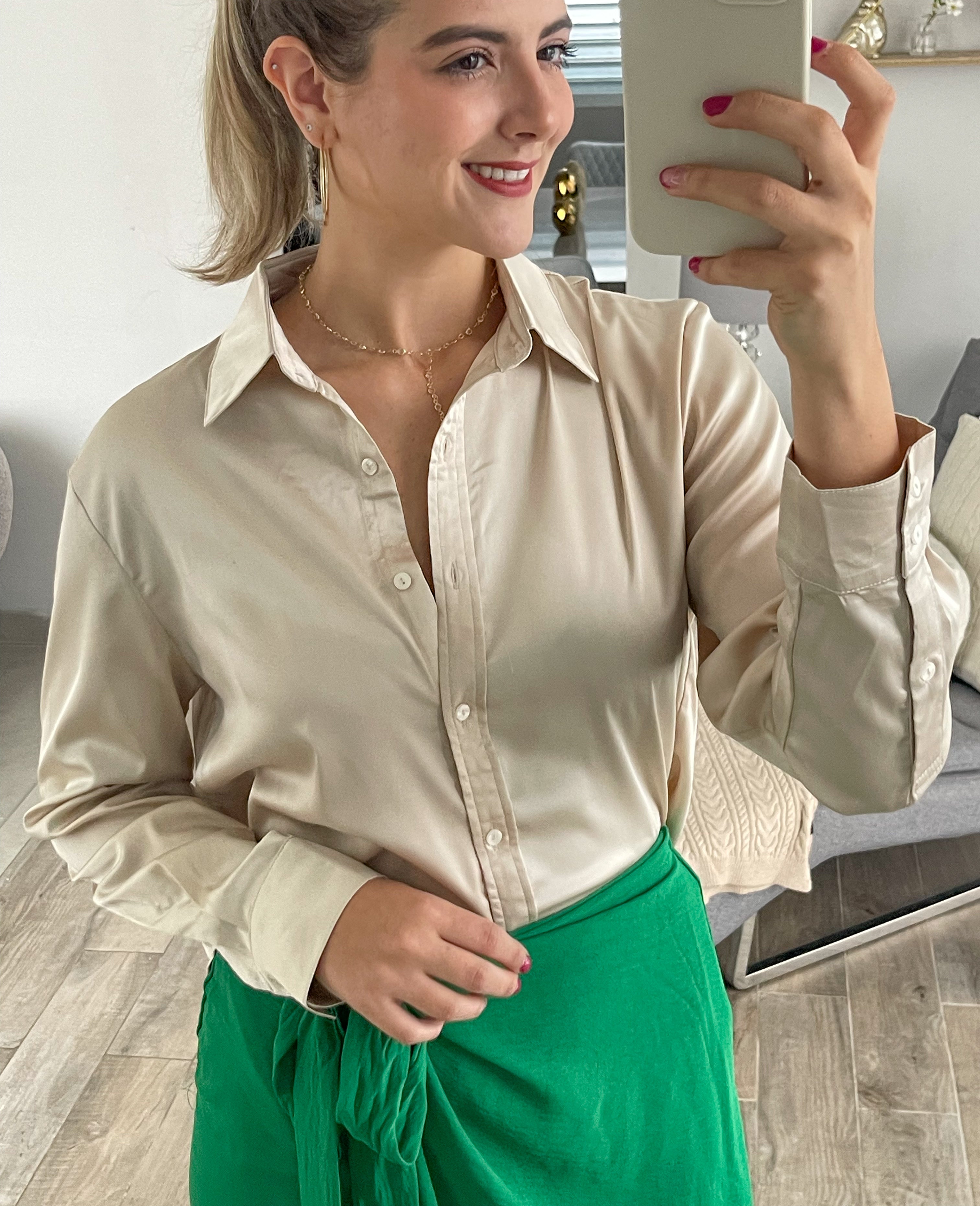 CHAMPAGNE SATIN BUTTONED DOWN BLOUSE