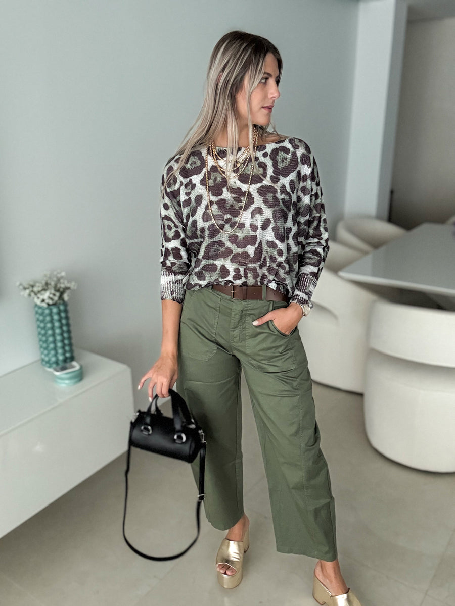 GREEN OLIVE LEOPARD SWEATER BLOUSE