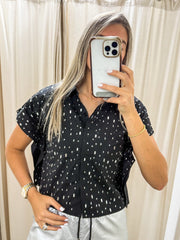 RHINESTONES BUTTONED SHORT SLEEVES TOP