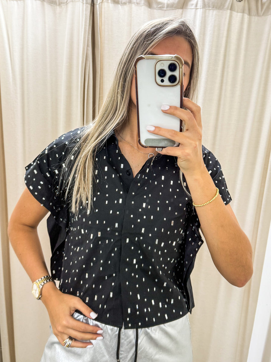 RHINESTONES BUTTONED SHORT SLEEVES TOP