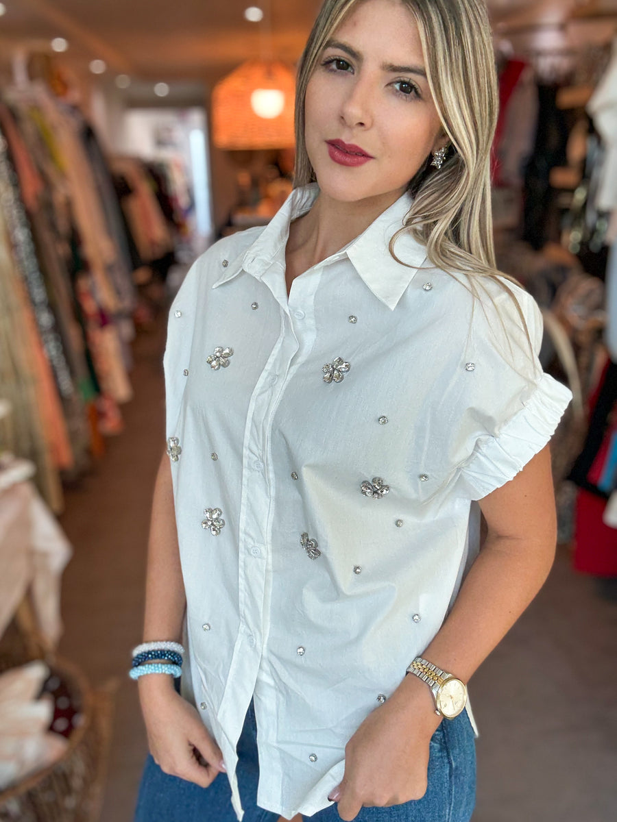 WHITE CRYSTALS BUTTONED BLOUSE