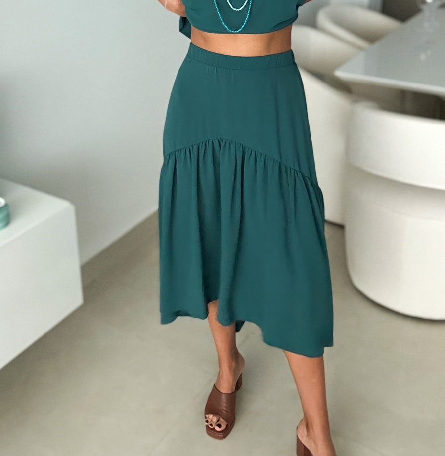 TURQUOISE HIGH LOW MIDI SKIRT
