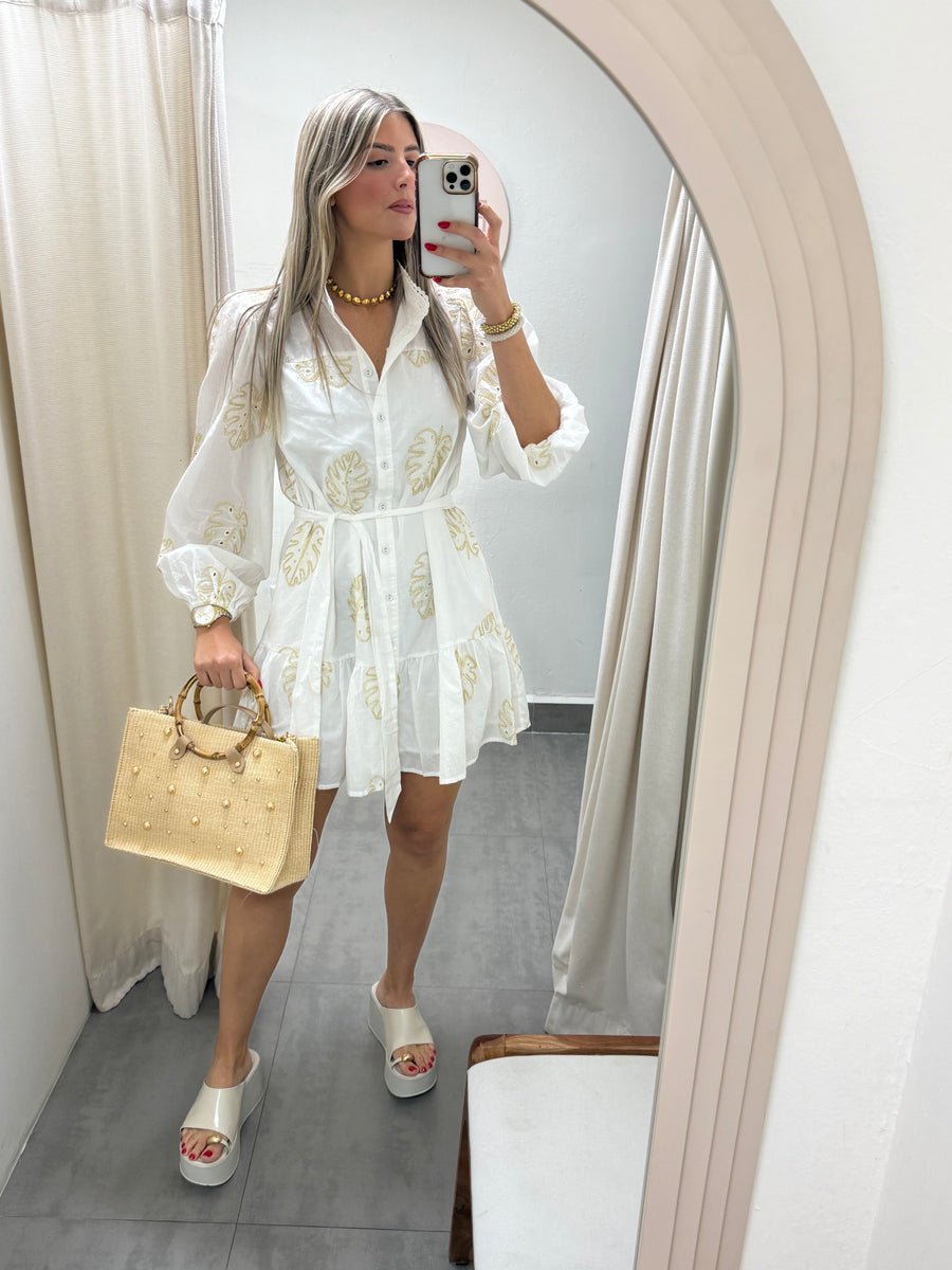 WHITE GOLD DETAILED LEAF SHORT DRESS