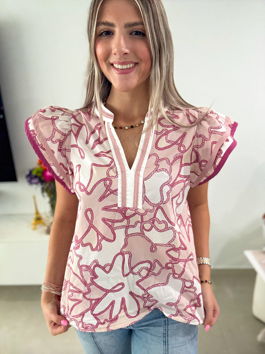 PINK MIX PRINTED RUFFLE SLEEVES BLOUSE