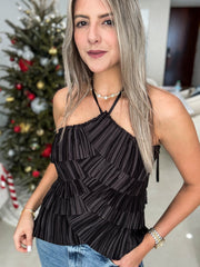 BLACK PLEATED HALTER BLOUSE