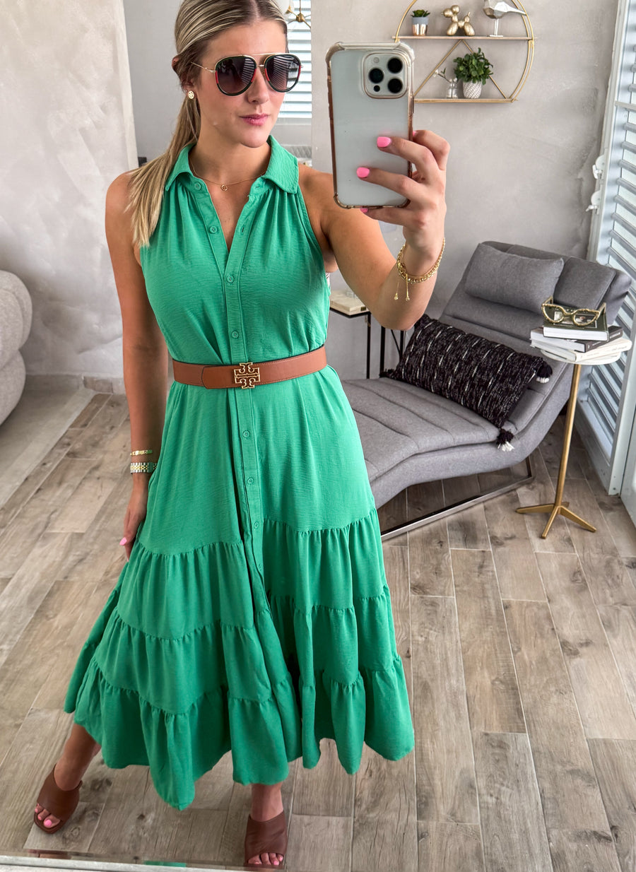 GREEN HALTER SLEEVELESS MIDI DRESS