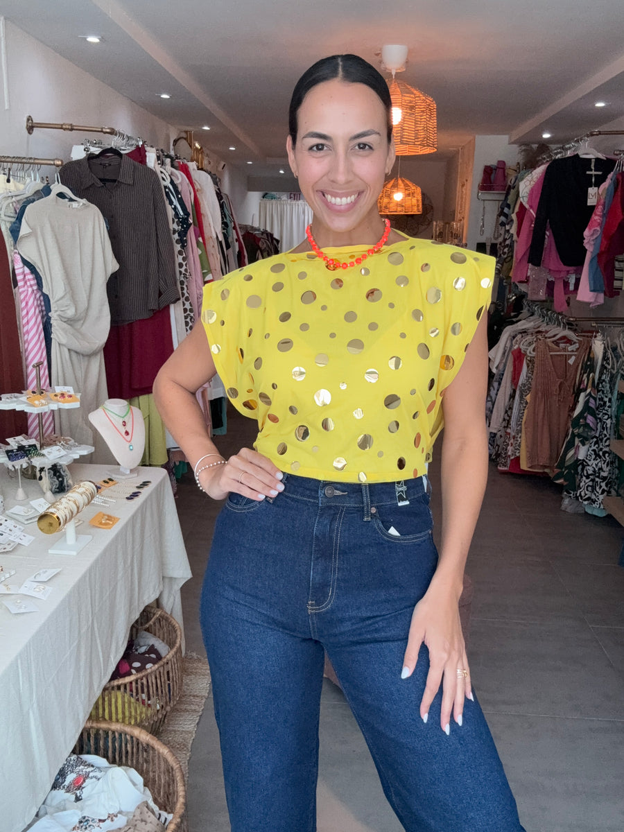 PIA REVERSIBLE SQUARE BLOUSE IN POLKA DOT/YELLOW