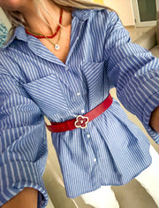 BLUE STRIPED BELTED BLOUSON