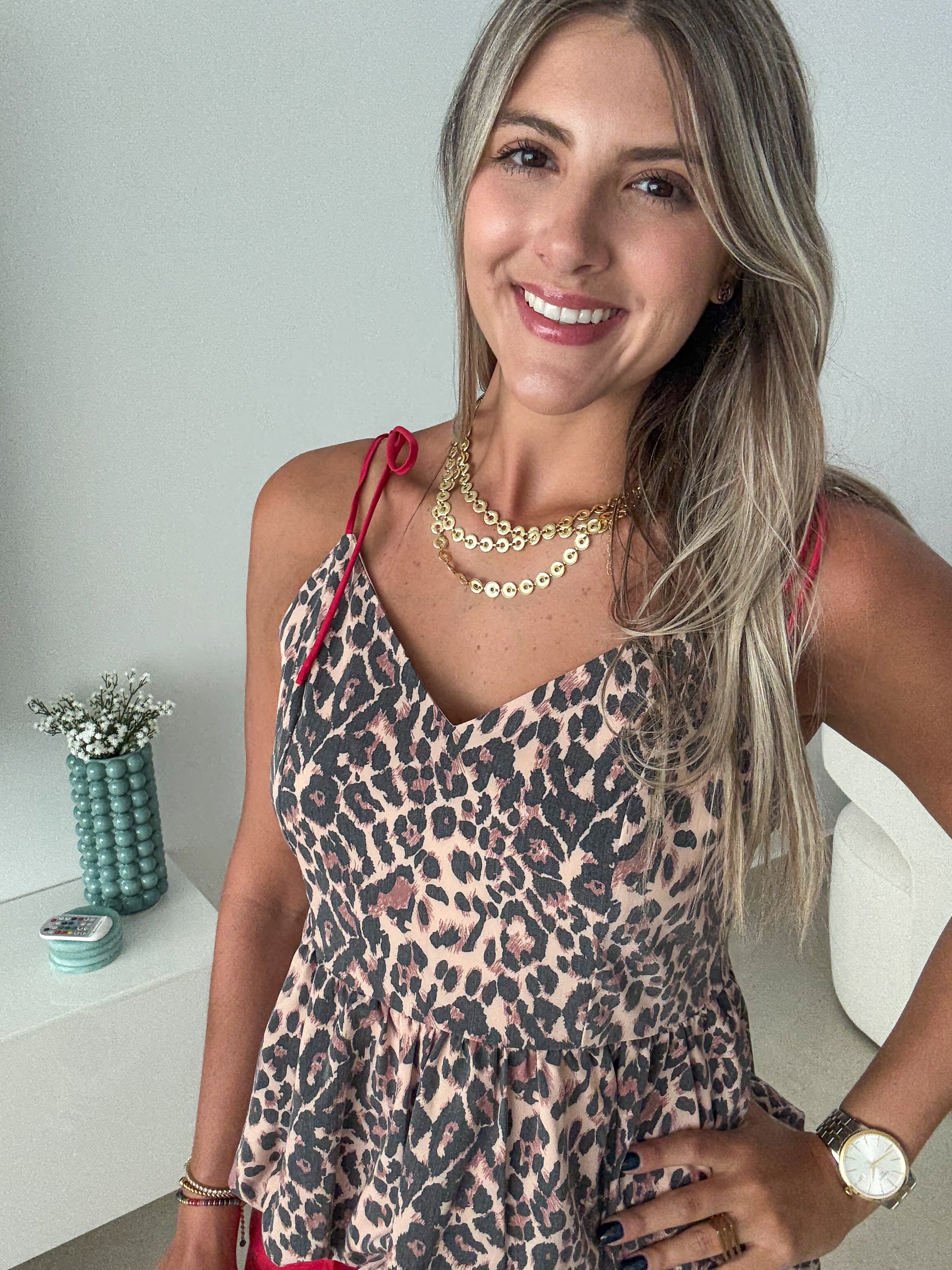 LEOPARD RED SHOULDER TIED BUBBLE BLOUSE