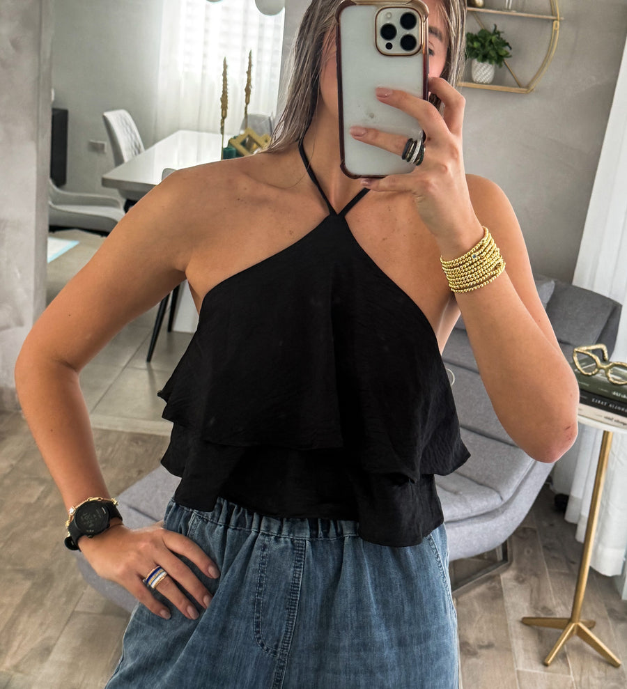 BLACK RUFFLE HALTER CROP TOP