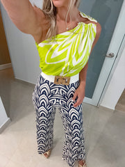 LIME/BLACK PRINT ONE SHOULDER SHIRRING JUMPSUIT