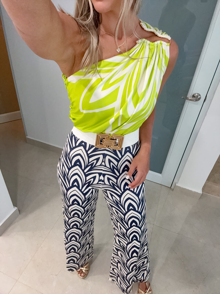 LIME/BLACK PRINT ONE SHOULDER SHIRRING JUMPSUIT