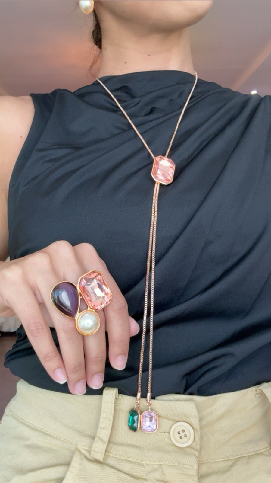 LONG GEM LARIAT NECKLACE SET IN PINK/BLACK