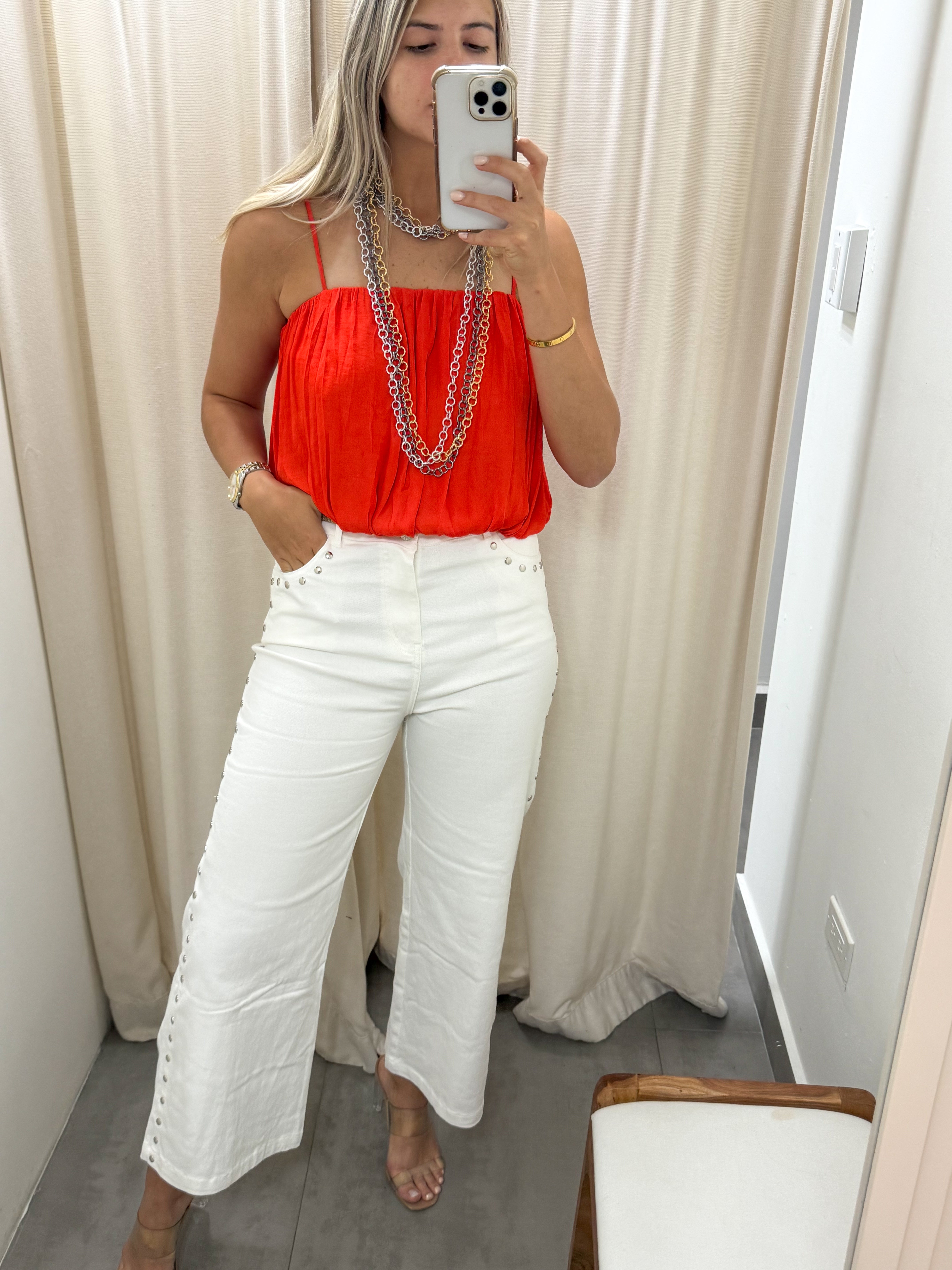 WHITE DENIM STUDDED STRETCH PANTS