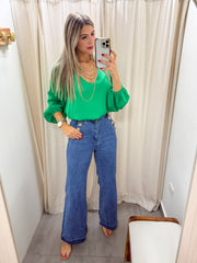 GREEN SILKY V-NECK BLOUSE