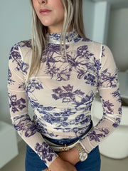 NAVY/IVORY PRINTED FLORAL MESH BODYSUIT