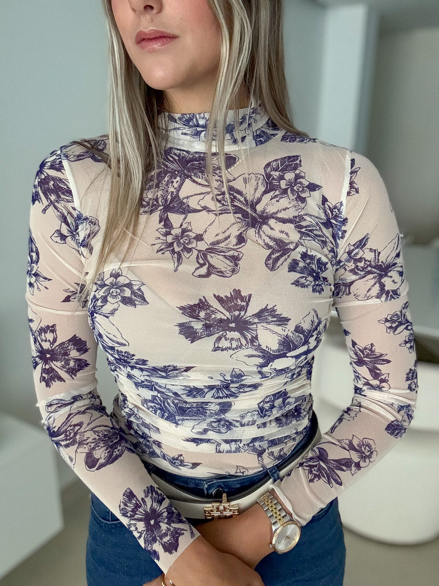 NAVY/IVORY PRINTED FLORAL MESH BODYSUIT
