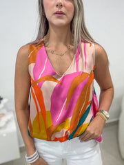 PRINTED V-NECK SILKY HIGH LOW BLOUSE