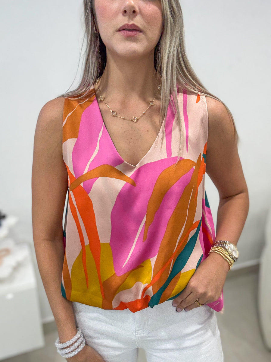 PRINTED V-NECK SILKY HIGH LOW BLOUSE