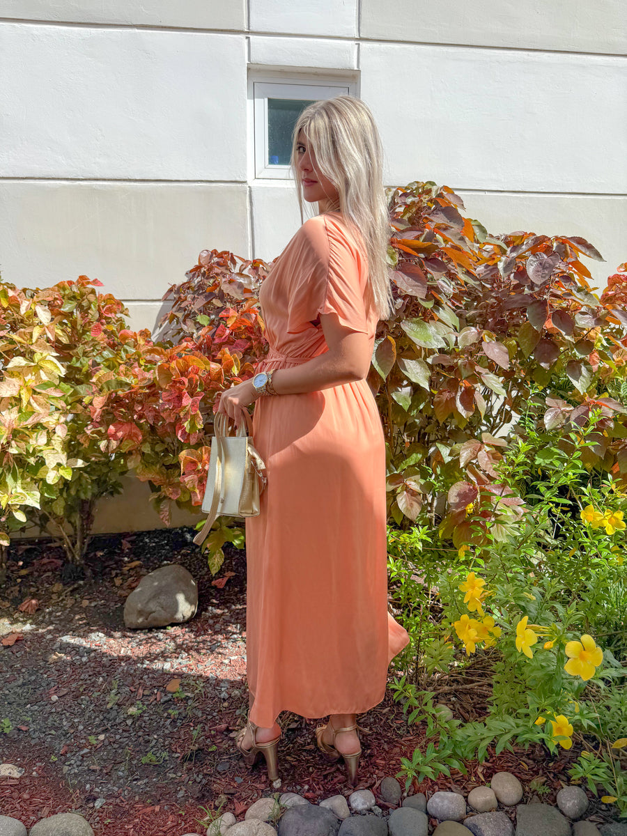 PEACH SATIN MIDI DRESS