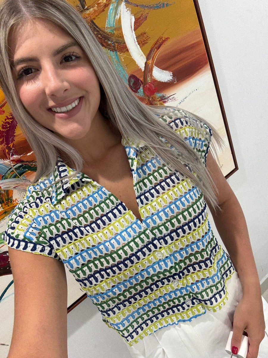 BLUE/GREEN CROCHET BLOUSE