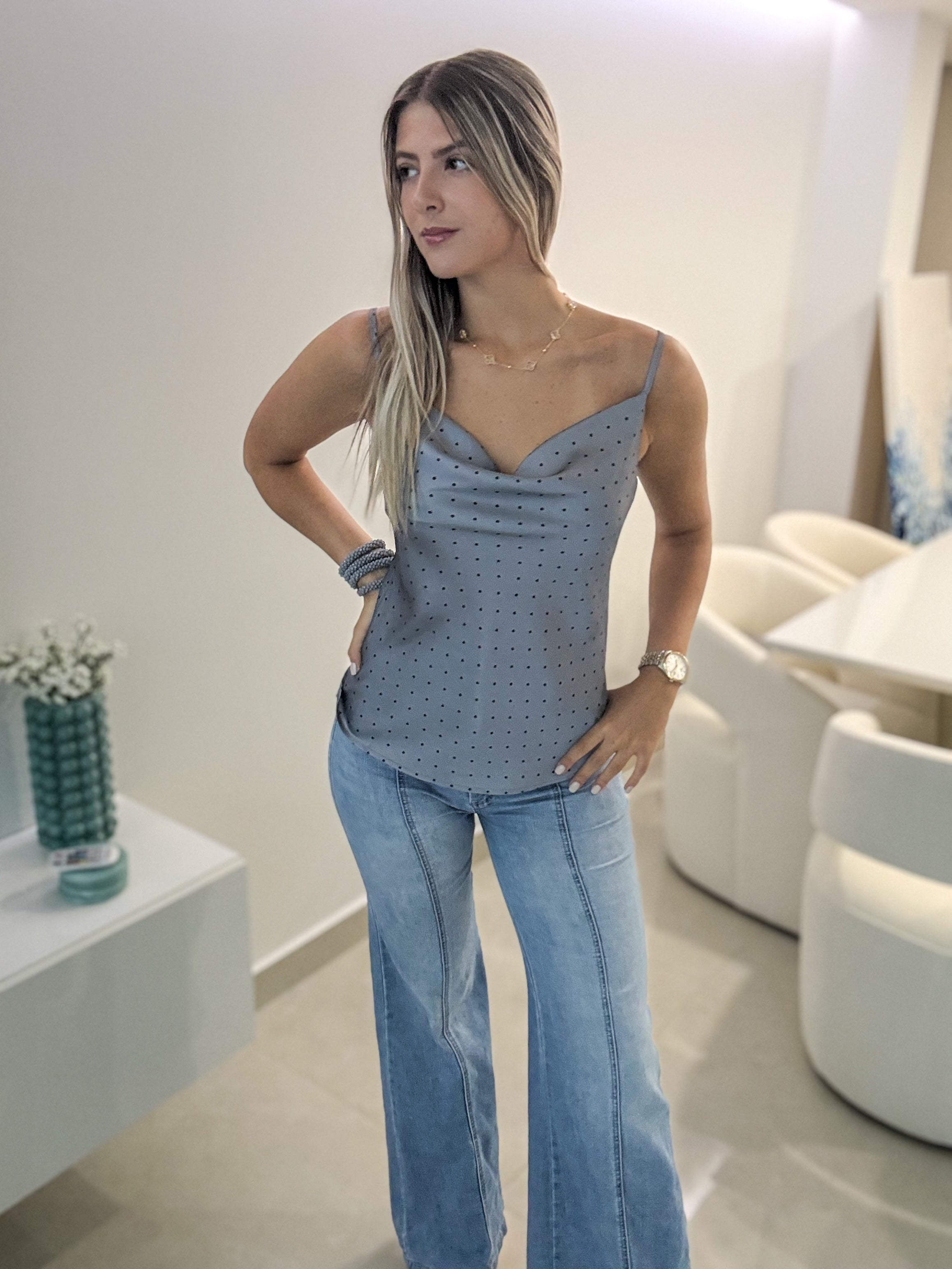 GRAY/NAVY POLKA DOT COWL NECK TOP