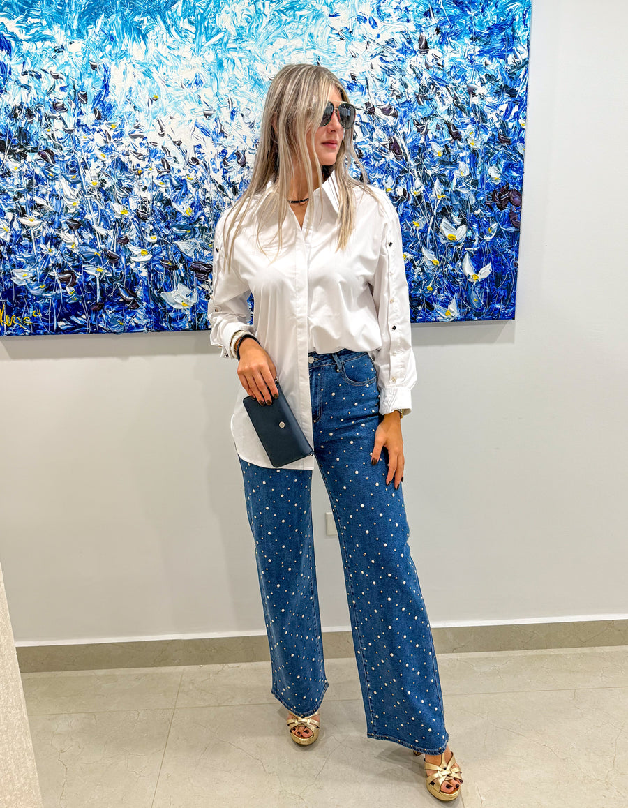 PEARL/RHINESTONES STRETCHY LONG JEANS