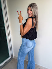 BLACK EYELET BUBBLE CROP TOP