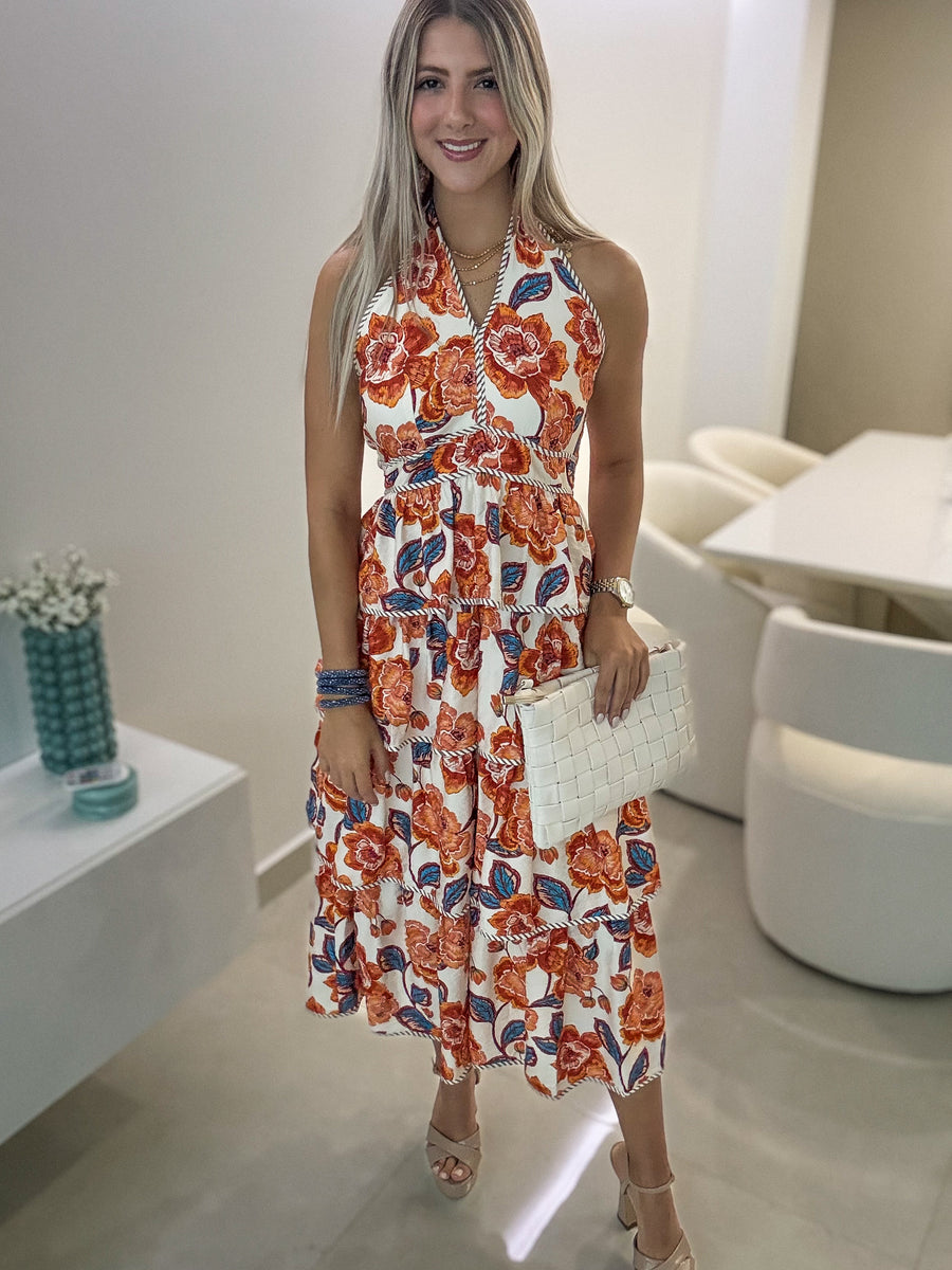 ORANGE/DENIM HALTER PRINTED RUFFLE MIDI DRESS