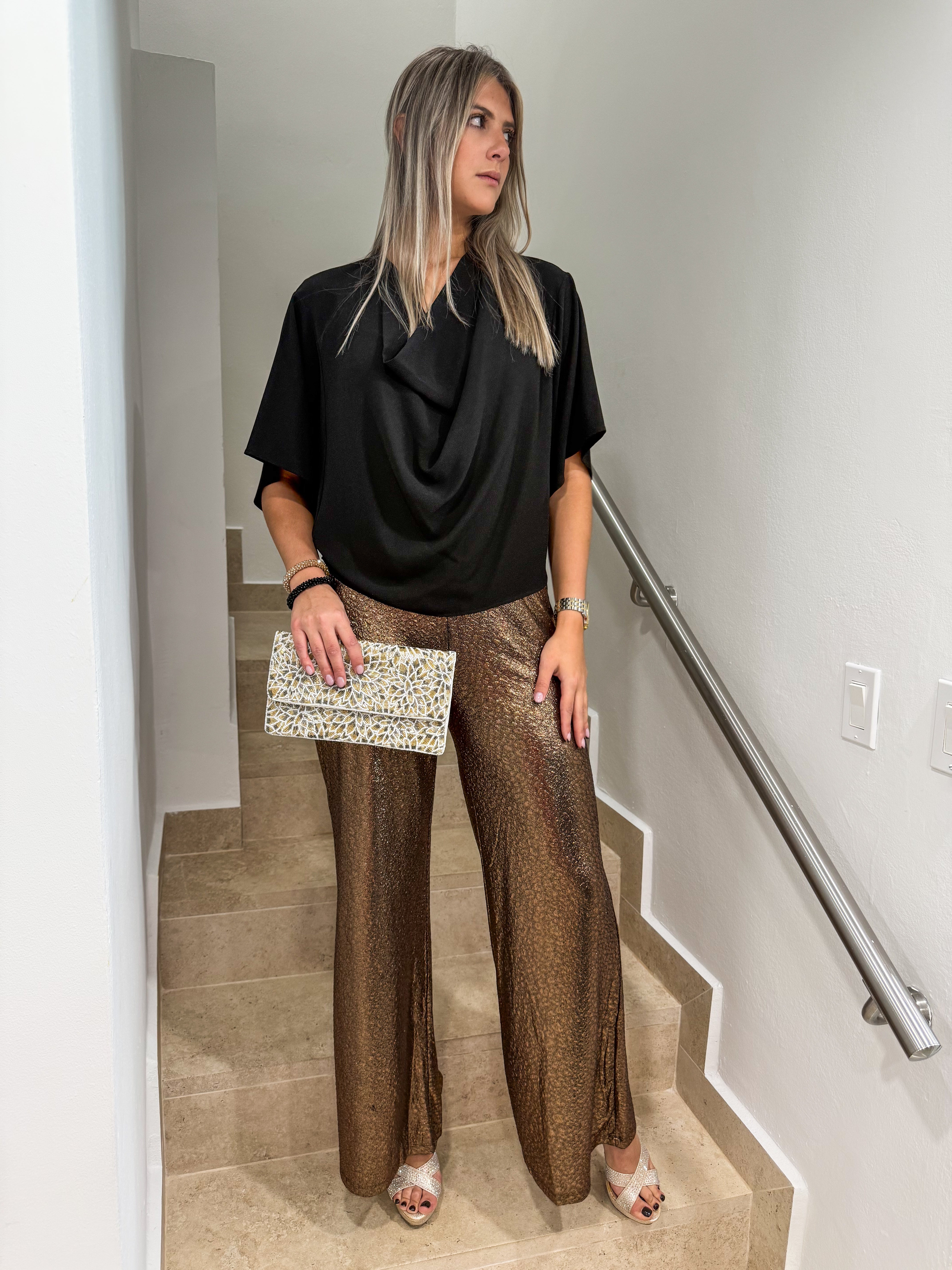 BLACK DRAPED TUNIC BLOUSE