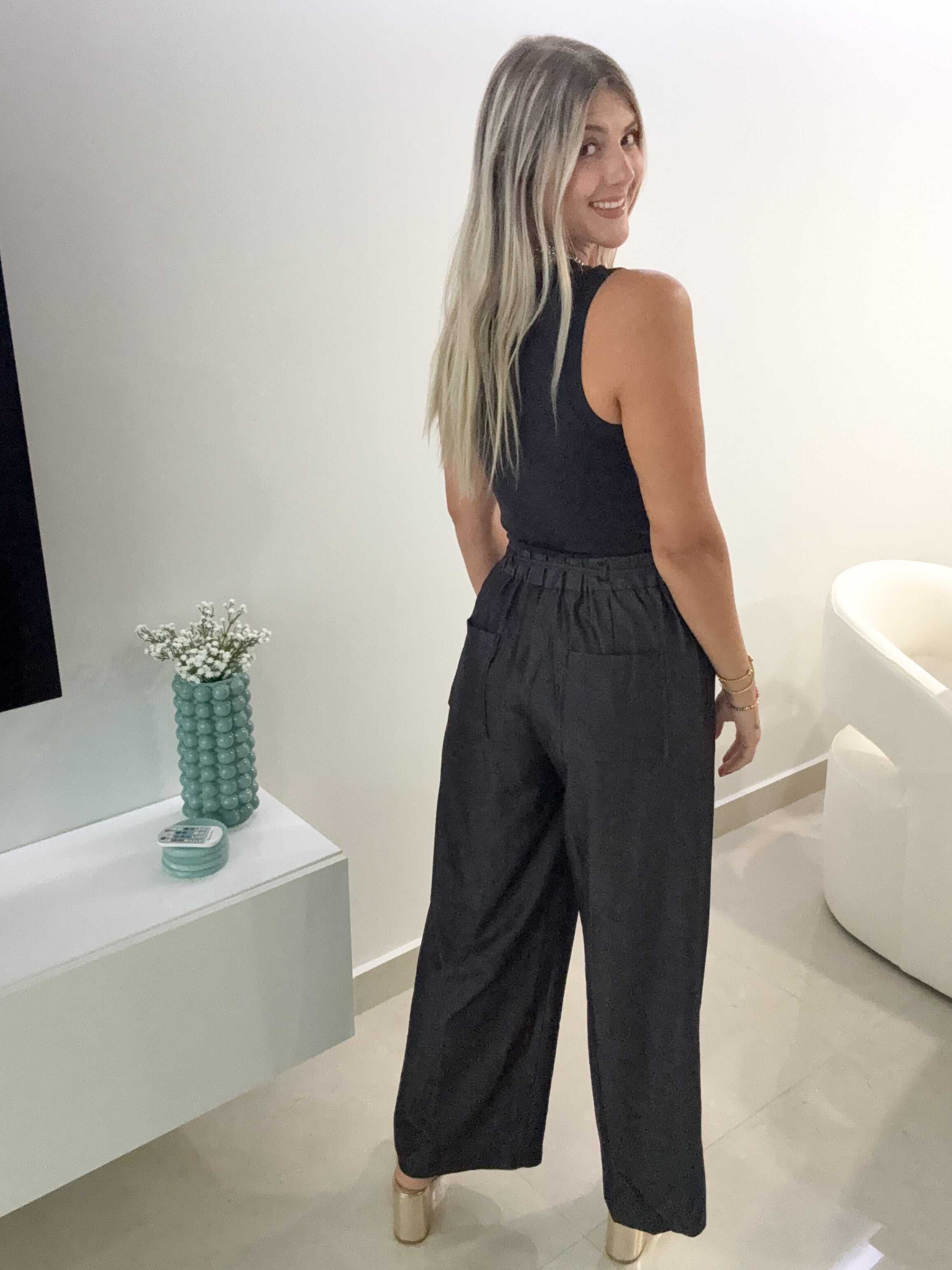 BLACK DENIM WIDE LEG PANTS