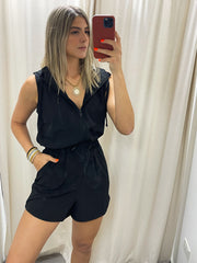 BLACK NYLON HOODIE ROMPER