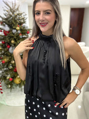 BLACK BEADED EMBELLISHMENTS HALTER BLOUSE